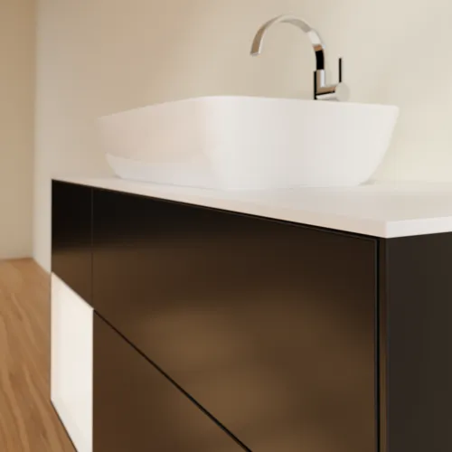 Obrázek VILLEROY BOCH Toaletní skříňka Finion, s osvětlením, 3 výsuvy, 1200 x 603 x 501 mm, černý matný lak / bílý matný lak / bílé matné sklo #F821MTPD