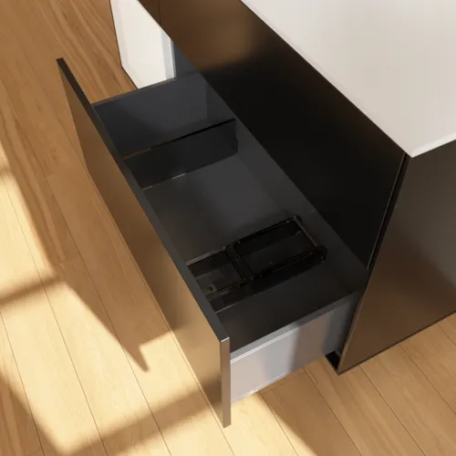 Obrázek VILLEROY BOCH Toaletní skříňka Finion, s osvětlením, 3 výsuvy, 1200 x 603 x 501 mm, černý matný lak / bílý matný lak / bílé matné sklo #F821MTPD