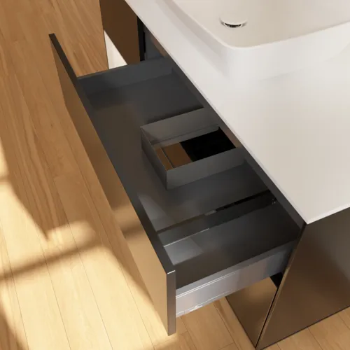 Obrázek VILLEROY BOCH Toaletní skříňka Finion, s osvětlením, 3 výsuvy, 1200 x 603 x 501 mm, černý matný lak / bílý matný lak / bílé matné sklo #F821MTPD