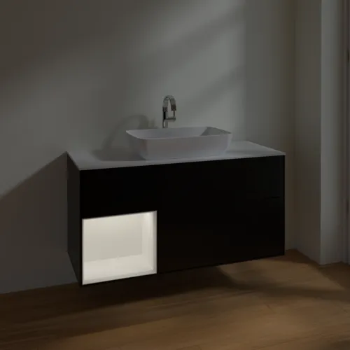 Obrázek VILLEROY BOCH Toaletní skříňka Finion, s osvětlením, 3 výsuvy, 1200 x 603 x 501 mm, černý matný lak / bílý matný lak / bílé matné sklo #F821MTPD