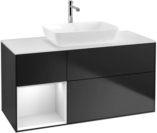 Bild von VILLEROY BOCH Finion Waschbeckenunterschrank, mit Beleuchtung, 3 Auszüge, 1200 x 603 x 501 mm, Black Matt Lacquer / White Matt Lacquer / Glass White Matt #F821MTPD
