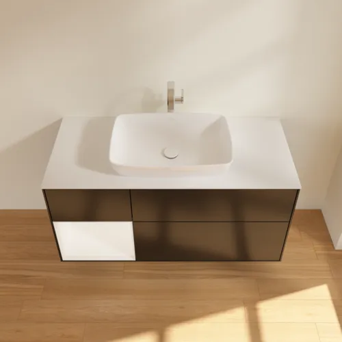 Obrázek VILLEROY BOCH Toaletní skříňka Finion, s osvětlením, 3 výsuvy, 1200 x 603 x 501 mm, černý matný lak / bílý matný lak / bílé matné sklo #F821MTPD