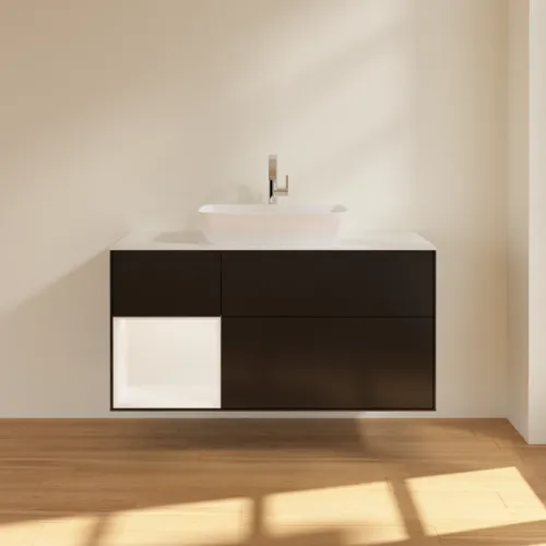 Obrázek VILLEROY BOCH Toaletní skříňka Finion, s osvětlením, 3 výsuvy, 1200 x 603 x 501 mm, černý matný lak / bílý matný lak / bílé matné sklo #F821MTPD