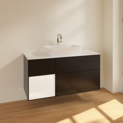 Obrázek VILLEROY BOCH Toaletní skříňka Finion, s osvětlením, 3 výsuvy, 1200 x 603 x 501 mm, černý matný lak / bílý matný lak / bílé matné sklo #F821MTPD