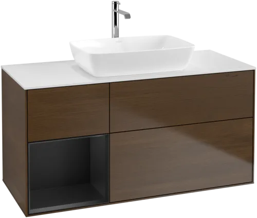 Bild von VILLEROY BOCH Finion Waschbeckenunterschrank, mit Beleuchtung, 3 Auszüge, 1200 x 603 x 501 mm, Walnut Veneer / Black Matt Lacquer / Glass White Matt #F821PDGN