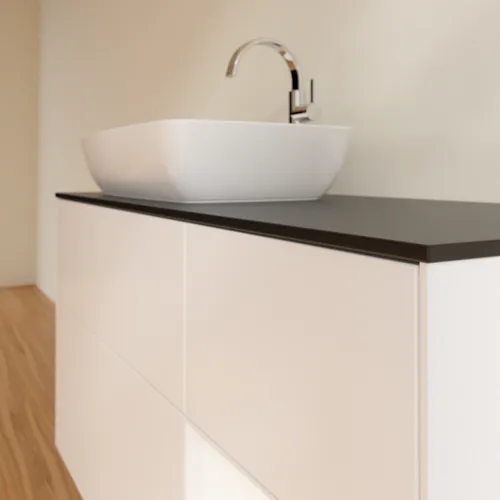 Obrázek VILLEROY BOCH Toaletní skříňka Finion, s osvětlením, 3 výsuvy, 1200 x 603 x 501 mm, bílý matný lak / bílý matný lak / černé matné sklo #F812MTMT
