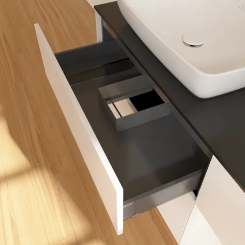 Obrázek VILLEROY BOCH Toaletní skříňka Finion, s osvětlením, 3 výsuvy, 1200 x 603 x 501 mm, bílý matný lak / bílý matný lak / černé matné sklo #F812MTMT