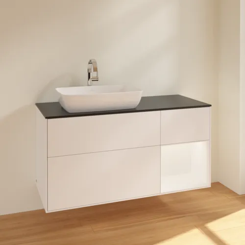 Obrázek VILLEROY BOCH Toaletní skříňka Finion, s osvětlením, 3 výsuvy, 1200 x 603 x 501 mm, bílý matný lak / bílý matný lak / černé matné sklo #F812MTMT