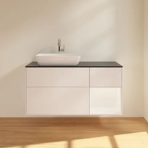 Obrázek VILLEROY BOCH Toaletní skříňka Finion, s osvětlením, 3 výsuvy, 1200 x 603 x 501 mm, bílý matný lak / bílý matný lak / černé matné sklo #F812MTMT