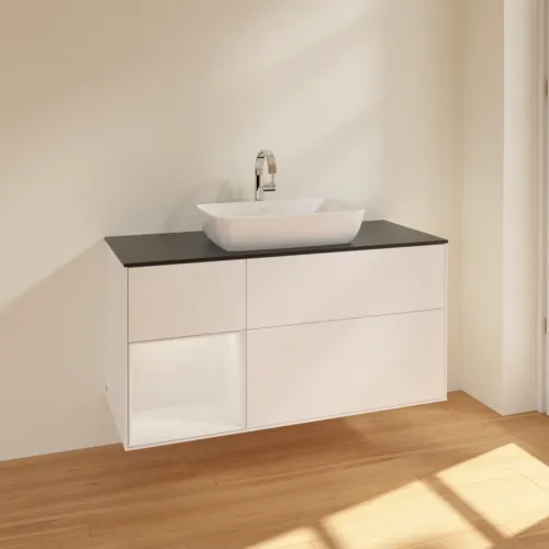 Bild von VILLEROY BOCH Finion Waschbeckenunterschrank, mit Beleuchtung, 3 Auszüge, 1200 x 603 x 501 mm, White Matt Lacquer / Glossy White Lacquer / Glass Black Matt #F822GFMT