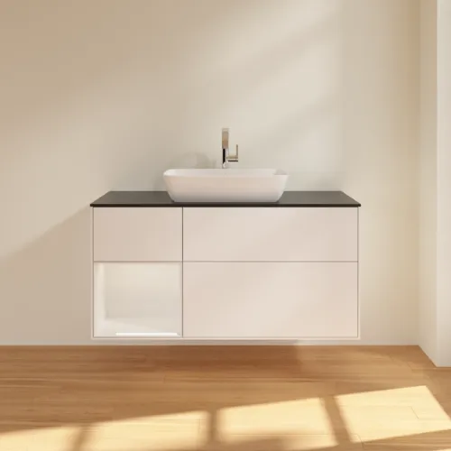 Bild von VILLEROY BOCH Finion Waschbeckenunterschrank, mit Beleuchtung, 3 Auszüge, 1200 x 603 x 501 mm, White Matt Lacquer / Glossy White Lacquer / Glass Black Matt #F822GFMT