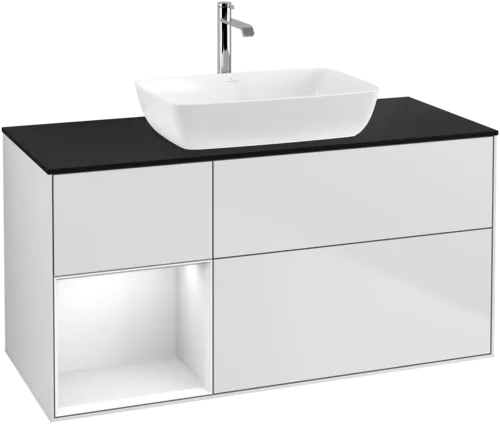Bild von VILLEROY BOCH Finion Waschbeckenunterschrank, mit Beleuchtung, 3 Auszüge, 1200 x 603 x 501 mm, White Matt Lacquer / Glossy White Lacquer / Glass Black Matt #F822GFMT