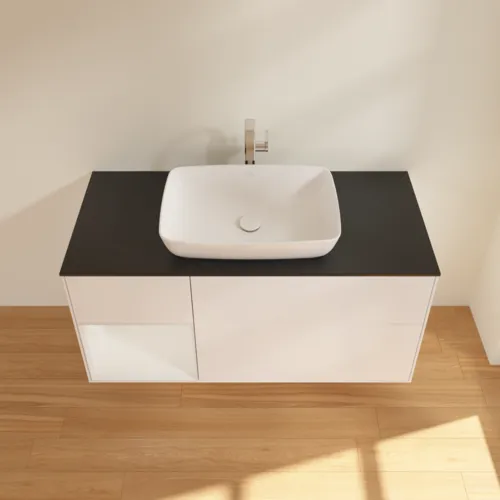 Bild von VILLEROY BOCH Finion Waschbeckenunterschrank, mit Beleuchtung, 3 Auszüge, 1200 x 603 x 501 mm, White Matt Lacquer / Glossy White Lacquer / Glass Black Matt #F822GFMT