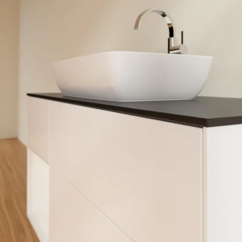 Bild von VILLEROY BOCH Finion Waschbeckenunterschrank, mit Beleuchtung, 3 Auszüge, 1200 x 603 x 501 mm, White Matt Lacquer / Glossy White Lacquer / Glass Black Matt #F822GFMT