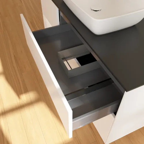 Bild von VILLEROY BOCH Finion Waschbeckenunterschrank, mit Beleuchtung, 3 Auszüge, 1200 x 603 x 501 mm, White Matt Lacquer / Glossy White Lacquer / Glass Black Matt #F822GFMT
