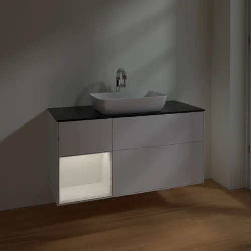 Bild von VILLEROY BOCH Finion Waschbeckenunterschrank, mit Beleuchtung, 3 Auszüge, 1200 x 603 x 501 mm, White Matt Lacquer / Glossy White Lacquer / Glass Black Matt #F822GFMT