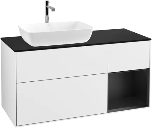 Bild von VILLEROY BOCH Finion Waschbeckenunterschrank, mit Beleuchtung, 3 Auszüge, 1200 x 603 x 501 mm, Glossy White Lacquer / Black Matt Lacquer / Glass Black Matt #F812PDGF