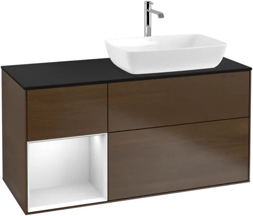 Bild von VILLEROY BOCH Finion Waschbeckenunterschrank, mit Beleuchtung, 3 Auszüge, 1200 x 603 x 501 mm, Walnut Veneer / White Matt Lacquer / Glass Black Matt #F802MTGN