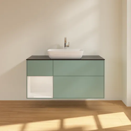 Picture of VILLEROY BOCH Finion Vanity unit, with lighting, 3 pull-out compartments, 1200 x 603 x 501 mm, Olive Matt Lacquer / Glossy White Lacquer / Glass Black Matt #F822GFGM