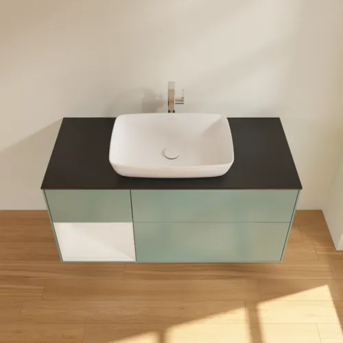 Picture of VILLEROY BOCH Finion Vanity unit, with lighting, 3 pull-out compartments, 1200 x 603 x 501 mm, Olive Matt Lacquer / Glossy White Lacquer / Glass Black Matt #F822GFGM