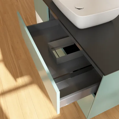Picture of VILLEROY BOCH Finion Vanity unit, with lighting, 3 pull-out compartments, 1200 x 603 x 501 mm, Olive Matt Lacquer / Glossy White Lacquer / Glass Black Matt #F822GFGM