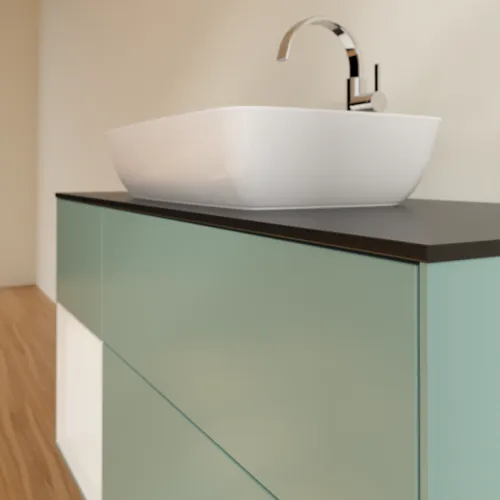 Picture of VILLEROY BOCH Finion Vanity unit, with lighting, 3 pull-out compartments, 1200 x 603 x 501 mm, Olive Matt Lacquer / Glossy White Lacquer / Glass Black Matt #F822GFGM