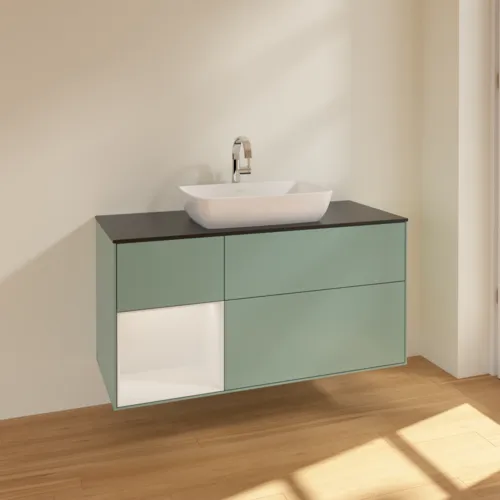 Picture of VILLEROY BOCH Finion Vanity unit, with lighting, 3 pull-out compartments, 1200 x 603 x 501 mm, Olive Matt Lacquer / Glossy White Lacquer / Glass Black Matt #F822GFGM