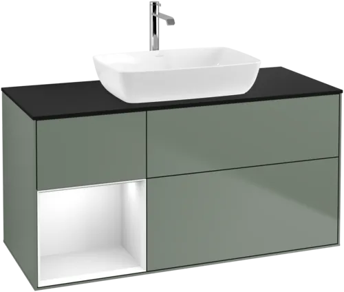 Bild von VILLEROY BOCH Finion Waschbeckenunterschrank, mit Beleuchtung, 3 Auszüge, 1200 x 603 x 501 mm, Olive Matt Lacquer / Glossy White Lacquer / Glass Black Matt #F822GFGM