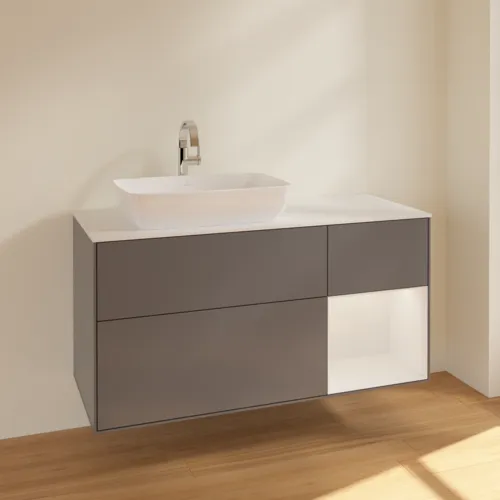 Bild von VILLEROY BOCH Finion Waschbeckenunterschrank, mit Beleuchtung, 3 Auszüge, 1200 x 603 x 501 mm, Anthracite Matt Lacquer / Glossy White Lacquer / Glass White Matt #F811GFGK