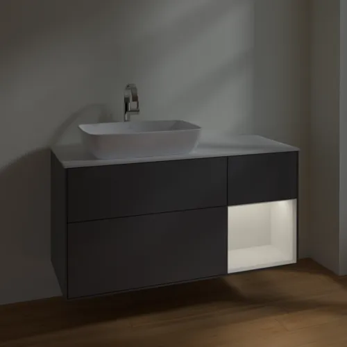Bild von VILLEROY BOCH Finion Waschbeckenunterschrank, mit Beleuchtung, 3 Auszüge, 1200 x 603 x 501 mm, Anthracite Matt Lacquer / Glossy White Lacquer / Glass White Matt #F811GFGK