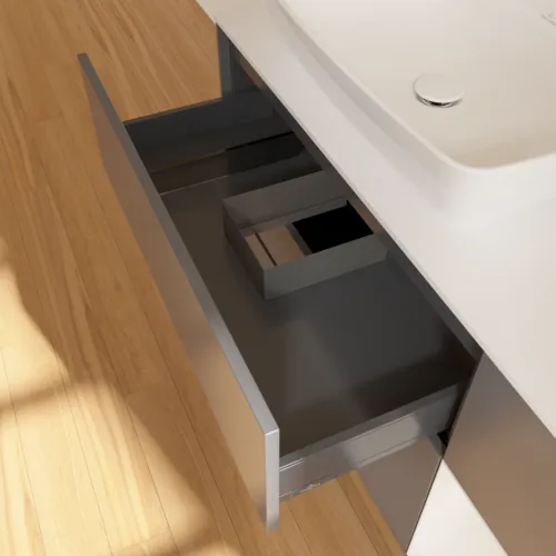 Bild von VILLEROY BOCH Finion Waschbeckenunterschrank, mit Beleuchtung, 3 Auszüge, 1200 x 603 x 501 mm, Anthracite Matt Lacquer / Glossy White Lacquer / Glass White Matt #F811GFGK