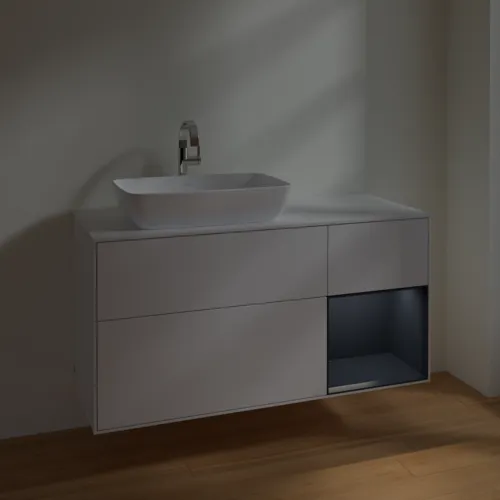 Bild von VILLEROY BOCH Finion Waschbeckenunterschrank, mit Beleuchtung, 3 Auszüge, 1200 x 603 x 501 mm, Glossy White Lacquer / Midnight Blue Matt Lacquer / Glass White Matt #F811HGGF