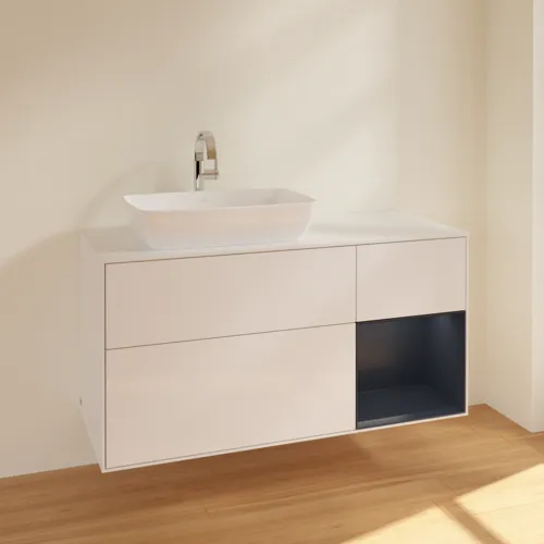 Bild von VILLEROY BOCH Finion Waschbeckenunterschrank, mit Beleuchtung, 3 Auszüge, 1200 x 603 x 501 mm, Glossy White Lacquer / Midnight Blue Matt Lacquer / Glass White Matt #F811HGGF