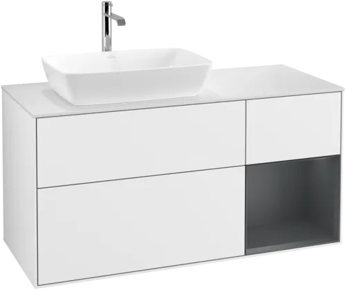 Bild von VILLEROY BOCH Finion Waschbeckenunterschrank, mit Beleuchtung, 3 Auszüge, 1200 x 603 x 501 mm, Glossy White Lacquer / Midnight Blue Matt Lacquer / Glass White Matt #F811HGGF