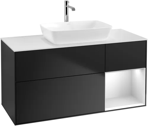 Bild von VILLEROY BOCH Finion Waschbeckenunterschrank, mit Beleuchtung, 3 Auszüge, 1200 x 603 x 501 mm, Black Matt Lacquer / White Matt Lacquer / Glass White Matt #F831MTPD