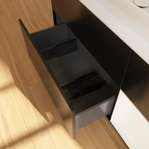 Bild von VILLEROY BOCH Finion Waschbeckenunterschrank, mit Beleuchtung, 3 Auszüge, 1200 x 603 x 501 mm, Black Matt Lacquer / White Matt Lacquer / Glass White Matt #F831MTPD