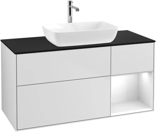 Bild von VILLEROY BOCH Finion Waschbeckenunterschrank, mit Beleuchtung, 3 Auszüge, 1200 x 603 x 501 mm, White Matt Lacquer / Glossy White Lacquer / Glass Black Matt #F832GFMT
