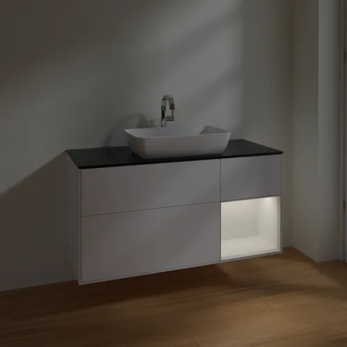 Bild von VILLEROY BOCH Finion Waschbeckenunterschrank, mit Beleuchtung, 3 Auszüge, 1200 x 603 x 501 mm, White Matt Lacquer / Glossy White Lacquer / Glass Black Matt #F832GFMT