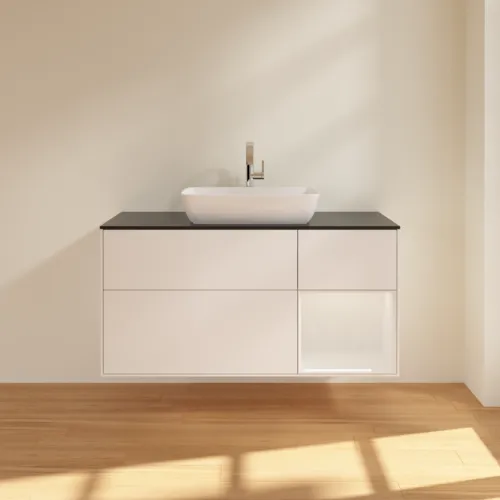 Bild von VILLEROY BOCH Finion Waschbeckenunterschrank, mit Beleuchtung, 3 Auszüge, 1200 x 603 x 501 mm, White Matt Lacquer / Glossy White Lacquer / Glass Black Matt #F832GFMT