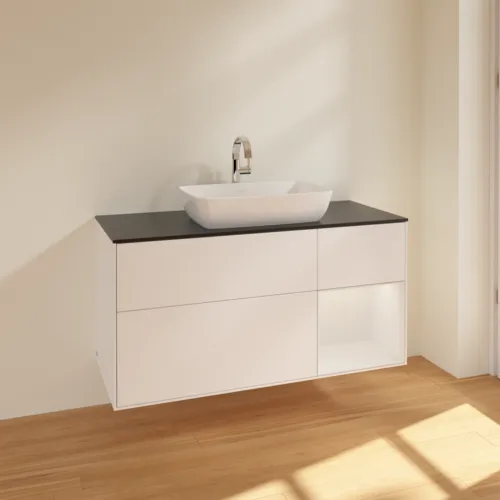 Bild von VILLEROY BOCH Finion Waschbeckenunterschrank, mit Beleuchtung, 3 Auszüge, 1200 x 603 x 501 mm, White Matt Lacquer / Glossy White Lacquer / Glass Black Matt #F832GFMT