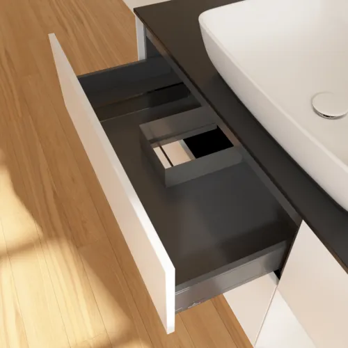 Bild von VILLEROY BOCH Finion Waschbeckenunterschrank, mit Beleuchtung, 3 Auszüge, 1200 x 603 x 501 mm, White Matt Lacquer / Glossy White Lacquer / Glass Black Matt #F832GFMT