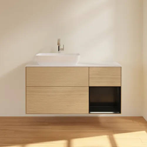 Bild von VILLEROY BOCH Finion Waschbeckenunterschrank, mit Beleuchtung, 3 Auszüge, 1200 x 603 x 501 mm, Oak Veneer / Black Matt Lacquer / Glass White Matt #F811PDPC