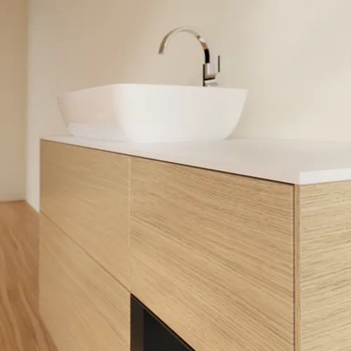 Bild von VILLEROY BOCH Finion Waschbeckenunterschrank, mit Beleuchtung, 3 Auszüge, 1200 x 603 x 501 mm, Oak Veneer / Black Matt Lacquer / Glass White Matt #F811PDPC