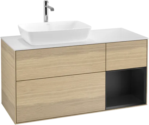 Bild von VILLEROY BOCH Finion Waschbeckenunterschrank, mit Beleuchtung, 3 Auszüge, 1200 x 603 x 501 mm, Oak Veneer / Black Matt Lacquer / Glass White Matt #F811PDPC