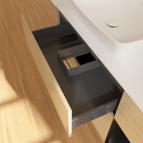 Bild von VILLEROY BOCH Finion Waschbeckenunterschrank, mit Beleuchtung, 3 Auszüge, 1200 x 603 x 501 mm, Oak Veneer / Black Matt Lacquer / Glass White Matt #F811PDPC