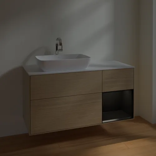Bild von VILLEROY BOCH Finion Waschbeckenunterschrank, mit Beleuchtung, 3 Auszüge, 1200 x 603 x 501 mm, Oak Veneer / Black Matt Lacquer / Glass White Matt #F811PDPC