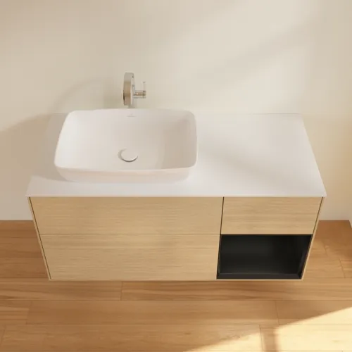 Bild von VILLEROY BOCH Finion Waschbeckenunterschrank, mit Beleuchtung, 3 Auszüge, 1200 x 603 x 501 mm, Oak Veneer / Black Matt Lacquer / Glass White Matt #F811PDPC