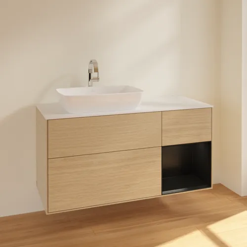 Bild von VILLEROY BOCH Finion Waschbeckenunterschrank, mit Beleuchtung, 3 Auszüge, 1200 x 603 x 501 mm, Oak Veneer / Black Matt Lacquer / Glass White Matt #F811PDPC
