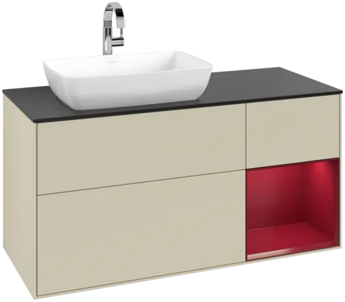 Bild von VILLEROY BOCH Finion Waschbeckenunterschrank, mit Beleuchtung, 3 Auszüge, 1200 x 603 x 501 mm, Silk Grey Matt Lacquer / Peony Matt Lacquer / Glass Black Matt #F812HBHJ