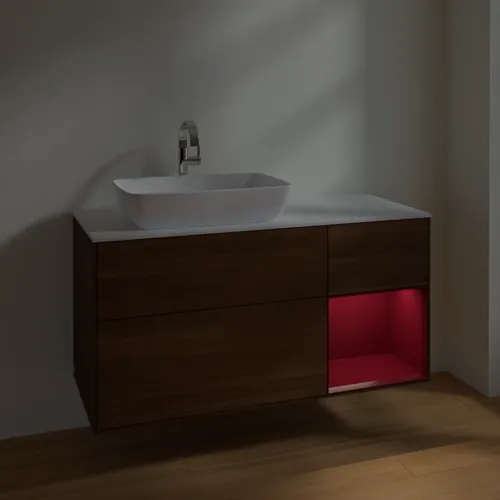 Obrázek VILLEROY BOCH Toaletní skříňka Finion, s osvětlením, 3 výsuvy, 1200 x 603 x 501 mm, ořechová dýha / matný lak Pivoňka / matné bílé sklo #F811HBGN